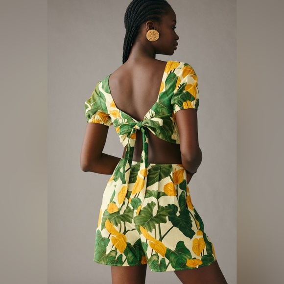 FARM Rio Cut Out Tie Back Romper In Botanical Motif Size Extra Small. - Picture 14 of 15